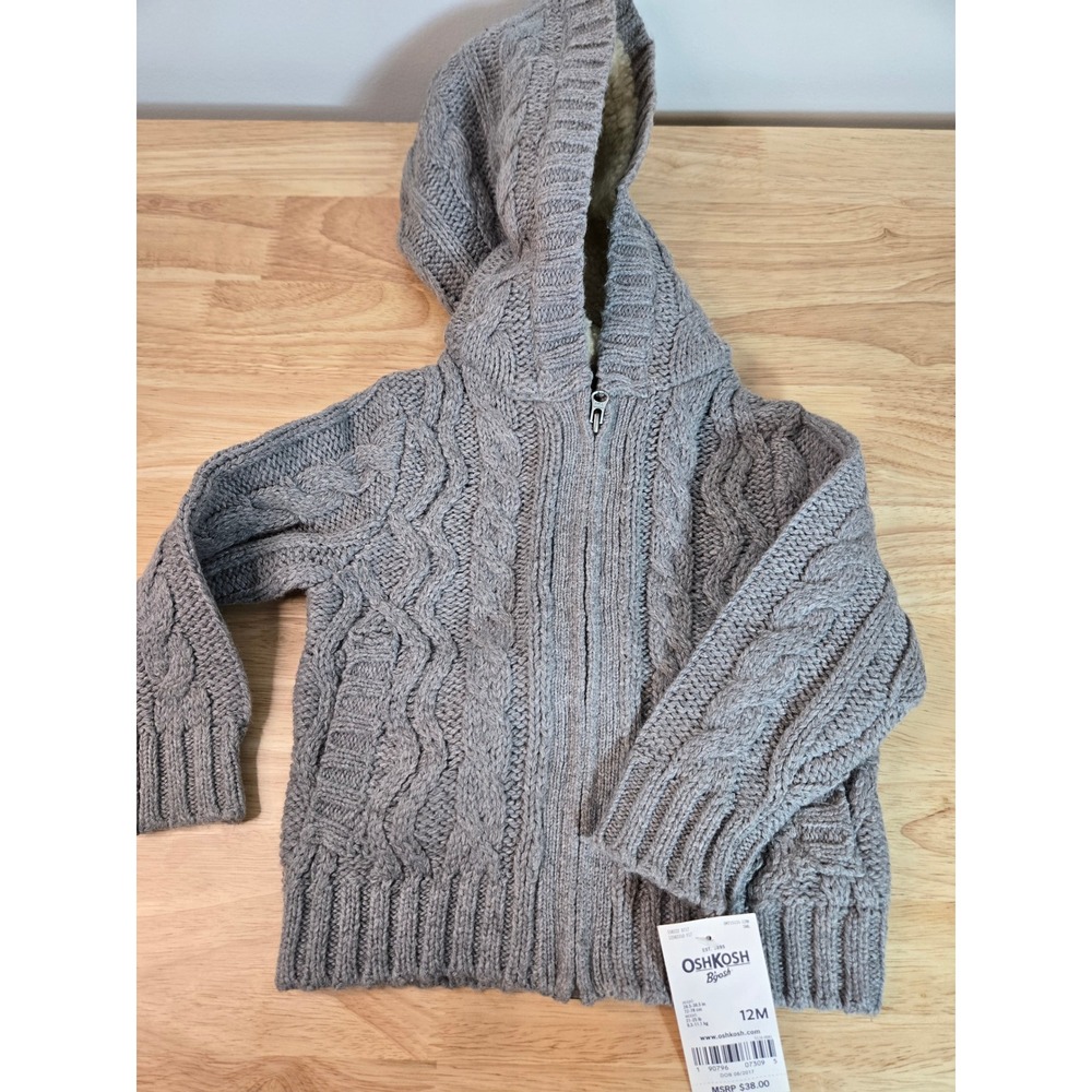 OshKosh Bgosh Baby Boys Gray Cable Knit Sherpa Lined Full Zip Sweater Hoodie 12M
